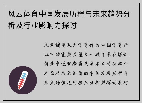 风云体育中国发展历程与未来趋势分析及行业影响力探讨